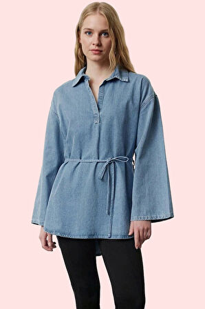 Kadın Oversize Denim Gömlek İspanyol Kol Regular Kalıp Pamuklu Günlük Stil Kaliteli Malzeme