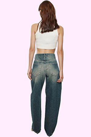 Kadın Yüksek Bel Uzun Boy Denim Jean Geniş Paça Baggy Pamuklu Günlük Stil Kaliteli Malzeme