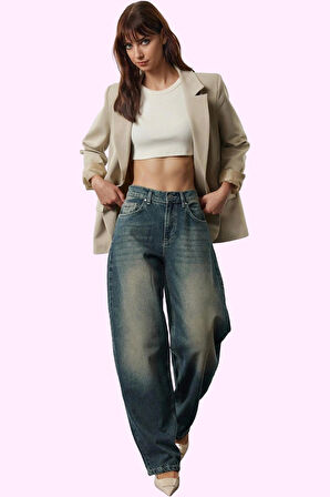 Kadın Yüksek Bel Uzun Boy Denim Jean Geniş Paça Baggy Pamuklu Günlük Stil Kaliteli Malzeme