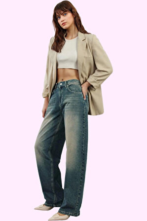 Kadın Yüksek Bel Uzun Boy Denim Jean Geniş Paça Baggy Pamuklu Günlük Stil Kaliteli Malzeme