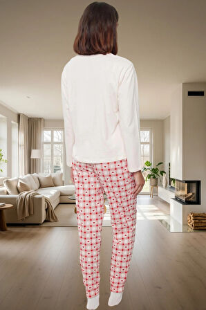 Kadın Pamuklu Uzun Kollu Pijama Takımı Kalpli Ekoseli Rahat Tasarım Trend Zarif