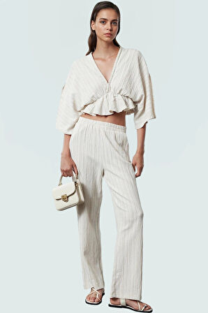 Keten Karışımlı Dokuma Bluz V Yaka Kısa Kollu Rahat Yazlık Profesyonel Görünüm Kullanım