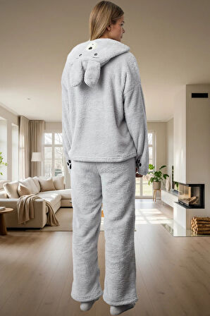 Kadın Kışlık Wellsoft Pijama Takımı Kapüşonlu Boru Paça Rahat Ev Giyim Seti Uzun Ömürlü Modern Stil