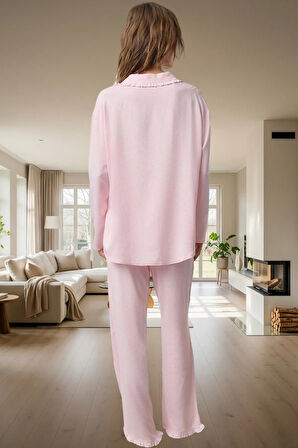 Kadın Viskoz Dokuma Pijama Takımı Fırfırlı Cep Detaylı Modern Stil Uzun Ömürlü Özel Tasarım