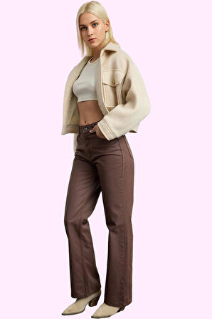 Kadın Yüksek Bel Geniş Paça Uzun Pantolon Pamuklu Kış Mevsimi Günlük Kullanım Modern Tasarım