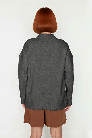 Kadın Oversize Kesim Dik Yaka Reglan Kol Düz Gri Triko Kazak Kışlık Günlük Giyim İçin İdeal Seçim