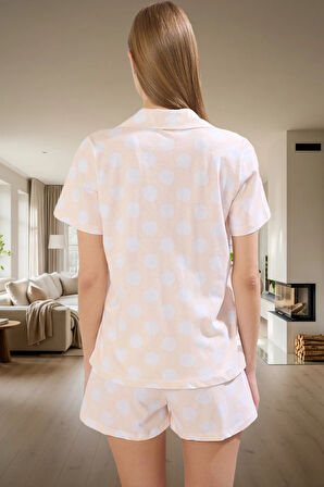 Kadın Puantiyeli Pamuklu Kısa Kollu Pijama Takımı Rahat Yazlık Ev Giyim Konforlu Kesim Profesyonel Görünüm
