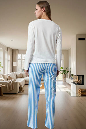 Kadın Pamuklu Uzun Kollu Çizgili Pijama Takımı Rahat Ev Giyim Seti Modern Stil Kullanım