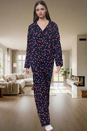 Kadın Yılbaşı Temalı Viskoz Pijama Takımı Rahat Geniş Paça Shally Dokuma Yüksek Kalite