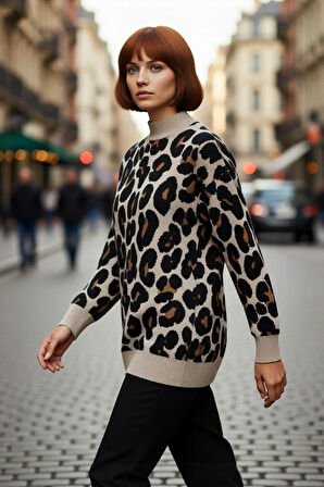 Kadın Relaxed Kalıp Animal Desen Uzun Kollu Dik Yaka Triko Kazak Basic Kışlık Cool Comfort Tarz