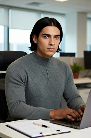 Erkek Gri Regular Kesim Yarım Fermuarlı Dik Yaka Baklava Desenli Triko Kışlık Uzun Kol Kazak