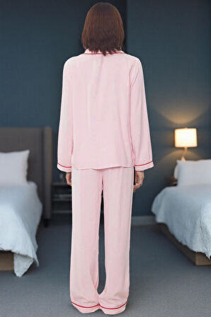 Kadın Şık Rahat Uzun Kollu Boru Paça Kalpli Biyeli Viskon Dokuma Pijama Takımı