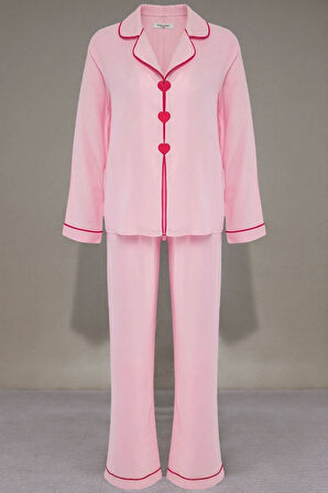 Kadın Şık Rahat Uzun Kollu Boru Paça Kalpli Biyeli Viskon Dokuma Pijama Takımı