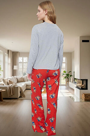 Kadın Melanj Ayıcıklı Pijama Takımı Kışlık Rahat Ev Giyim Seti Şık Görünüm Dayanıklı Malzeme