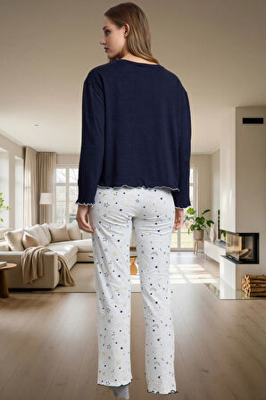 Kadın Örme Pijama Takımı Galaksi Desenli Rahat Uyku Seti Özel Tasarım Ve Şık