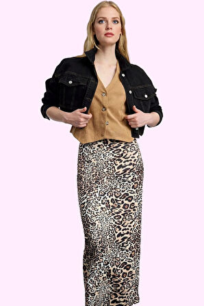 Kadın Maxi Leopar Desenli A line Etek Beli Lastikli Günlük Şıklık Yaz Aylarının Vazgeçilmezi