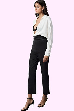 Kadın Yüksek Bel Boru Paça Dokuma Pantolon Şık Gece Kombinleri İçin Yaz Aylarının Vazgeçilmezi