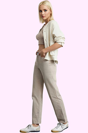 Kadın Yüksek Bel Straight Fit Pantolon Pamuk Gabardin Kumaş Günlük Kullanım Modern Tasarım