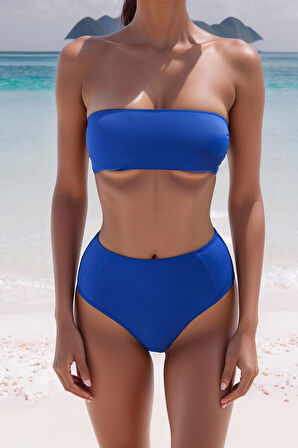 Kadın Yüksek Bel Straplez Bikini Takımı Bandeau Üst Çıkarılabilir Pedli Şık Plaj Hipster Mayo