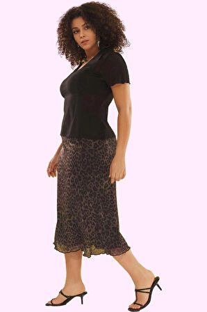 Kadın Büyük Beden A Line Leopar Desenli Midi Etek Günlük Şıklık Yaz Aylarının Vazgeçilmezi