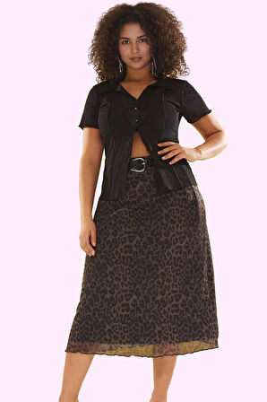 Kadın Büyük Beden A Line Leopar Desenli Midi Etek Günlük Şıklık Yaz Aylarının Vazgeçilmezi