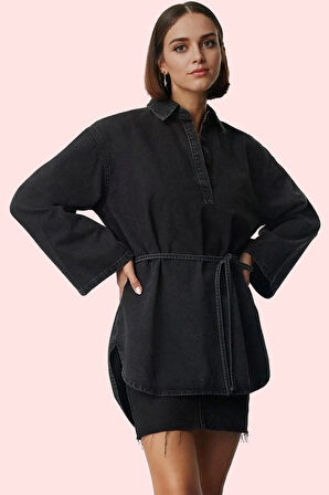 Kadın Oversize Denim Gömlek İspanyol Kol Regular Kalıp Pamuklu Günlük Stil Kaliteli Malzeme