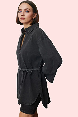 Kadın Oversize Denim Gömlek İspanyol Kol Regular Kalıp Pamuklu Günlük Stil Kaliteli Malzeme