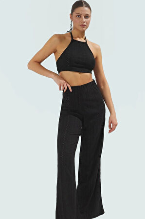 Dantel Detaylı Halter Yaka Crop Bluz ve Geniş Paça Pantolon Plaj Takımı Özel Tasarım