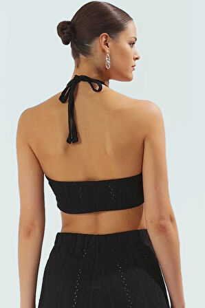 Dantel Detaylı Halter Yaka Crop Bluz ve Geniş Paça Pantolon Plaj Takımı Özel Tasarım