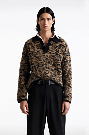 Erkek Oversize Polo Yaka Desenli Triko Kazak Rahat Dokusuyla Kış Aylarının Vazgeçilmezi Oldu