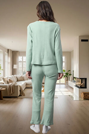 Kadın Kaşkorse Örme Pijama Takımı Kış Mevsimi İçin Rahat Uyku Günlük Kullanım