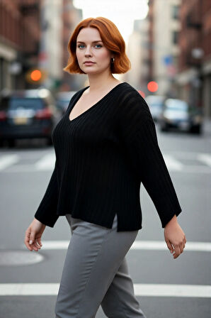 Kadın V Yaka Düz Fitilli Triko Kazak Rahat Regular Kalıp Düşük Uzun Kol İlkbahar Sonbahar Şıklığı