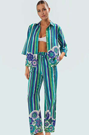 Yazlık Çizgili Pamuk Viskoz Plaj Takımı Rahat Kesimli Uzun Pantolon Trend Tasarım Dayanıklı Malzeme