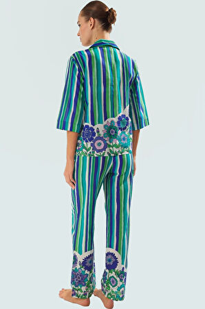 Yazlık Çizgili Pamuk Viskoz Plaj Takımı Rahat Kesimli Uzun Pantolon Trend Tasarım Dayanıklı Malzeme