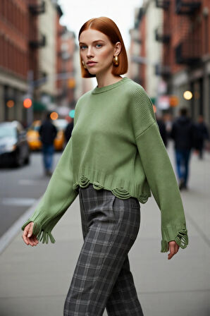 Kadın Oversize Triko Crop Kazak Düşük Kollu Akıtma Detaylı Yumuşak Dokusuyla Modern Şıklık Sunar