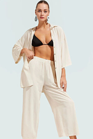 Yazlık Viskoz Polyester Dokuma Uzun Gömlek Pantolon Takım Rahat Plaj Stili Şık Görünüm