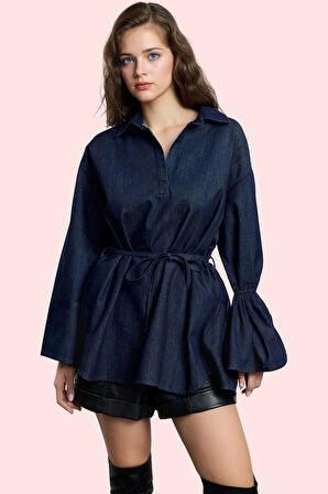 Kadın Oversize Denim Gömlek İspanyol Kol Regular Kalıp Pamuklu Günlük Stil Kaliteli Malzeme