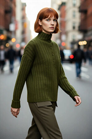 Kadın Oversize Kesim Düşük Kol Dik Yaka Fitilli Triko Kazak Kışlık Rahat ve Şık Günlük Kombinler