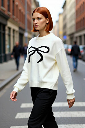 Kadın Regular Kalıp Modern Kurdele Desenli Bisiklet Yaka Uzun Kollu Triko Kazak Kış Şıklığı