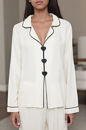 Kadın Şık Rahat Uzun Kollu Boru Paça Kalpli Biyeli Viskon Dokuma Pijama Takımı