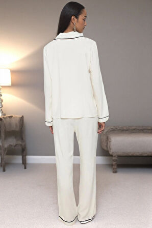 Kadın Şık Rahat Uzun Kollu Boru Paça Kalpli Biyeli Viskon Dokuma Pijama Takımı