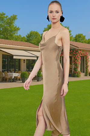 Şık Saten Midi Abiye Elbise Polyester Kumaştan Özel Tasarım Uzun Ömürlü Profesyonel Görünüm