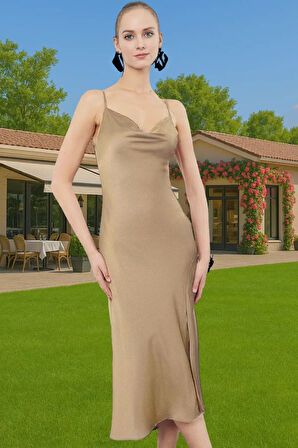 Şık Saten Midi Abiye Elbise Polyester Kumaştan Özel Tasarım Uzun Ömürlü Profesyonel Görünüm