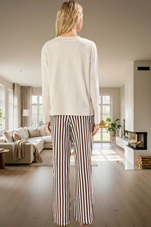 Kadın Pamuklu Uzun Kollu Çizgili Pijama Takımı Rahat Ev Giyim Seti Modern Stil Kullanım