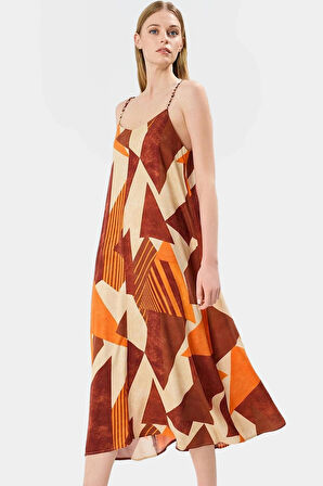 Yazlık Geometrik Desenli Midi Elbise Viskoz Kumaş Günlük Şık Tarz Modern Stil Trend Tasarım