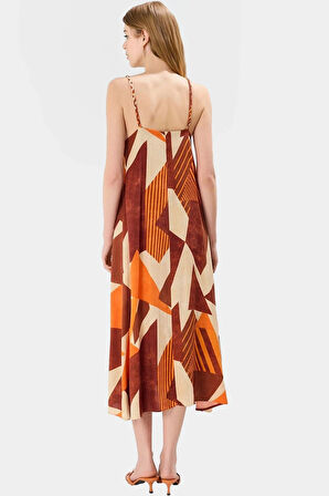 Yazlık Geometrik Desenli Midi Elbise Viskoz Kumaş Günlük Şık Tarz Modern Stil Trend Tasarım