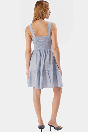 Yazlık Mini Ekose Pamuklu Elbise Kare Yaka Belden Açılan Rahat Kullanım Seçkin Malzeme