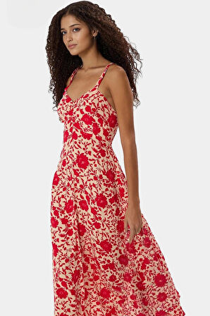 Yazlık Midi Boy V Yaka Çiçekli Elbise  Viskoz Dokuma Kumaş Rahat Günlük Stil Yüksek Kalite