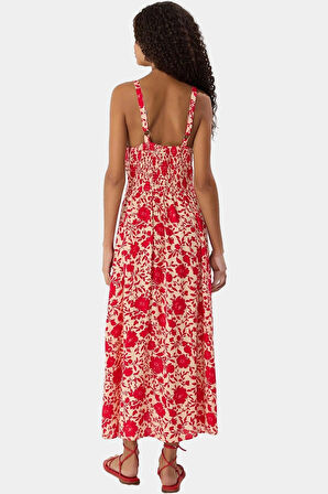 Yazlık Midi Boy V Yaka Çiçekli Elbise  Viskoz Dokuma Kumaş Rahat Günlük Stil Yüksek Kalite