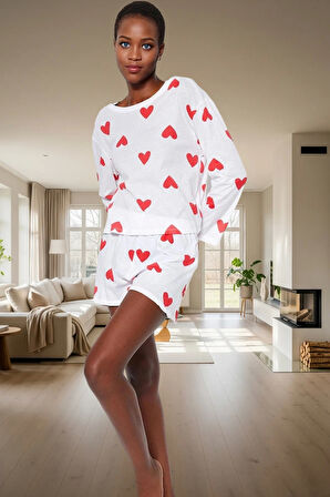 Kadın Kalpli Desenli Pamuklu Pijama Takımı Rahat Kalıp Uzun Kollu Homewear Trend Tasarım Kullanım